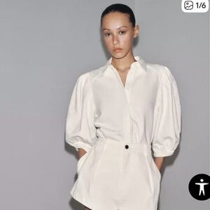 Zara Denim White Puff Sleeve Blouse size M